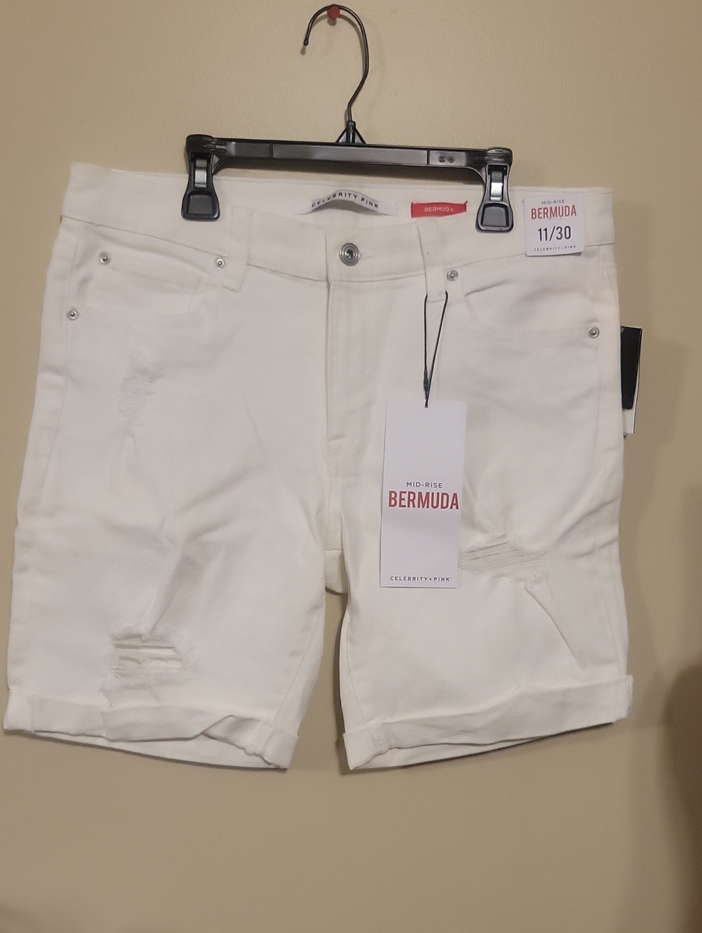 Celebrity Pink White Mid-Rise Distressed Bermuda Shorts